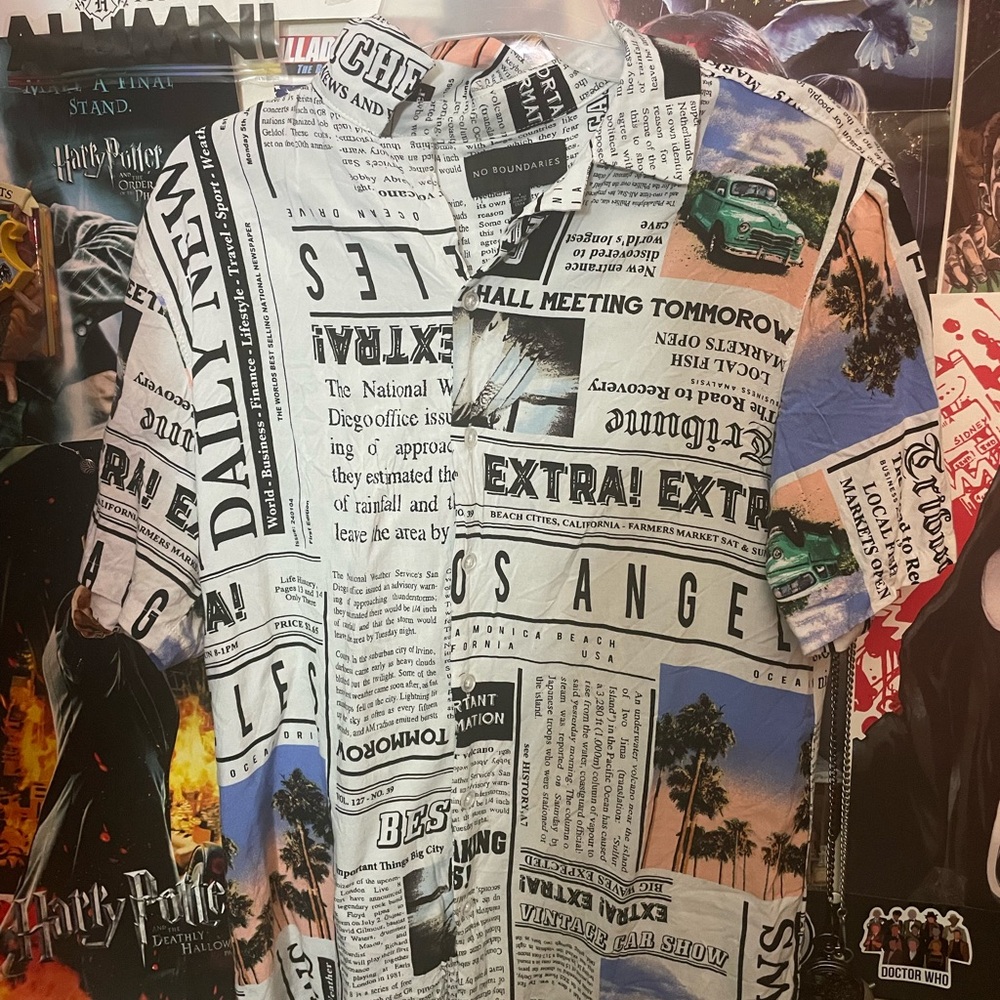 No Boundaries Newspaper Print Button Down Shirt
